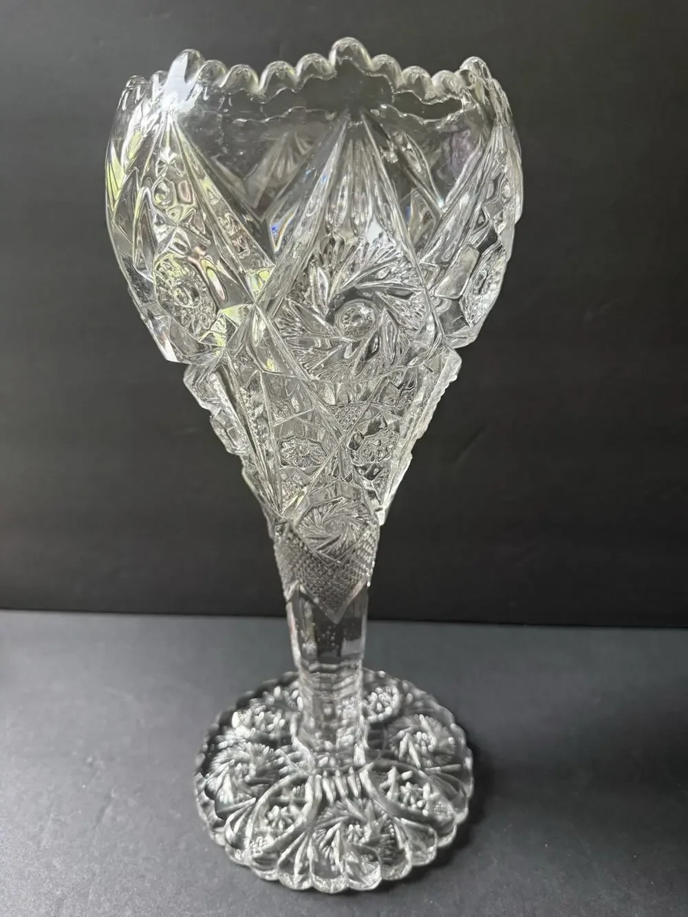 Vintsge EAPG Imperial Cut Glass Boquet Vase Hobstar Thunderbolt MCM Scalloped